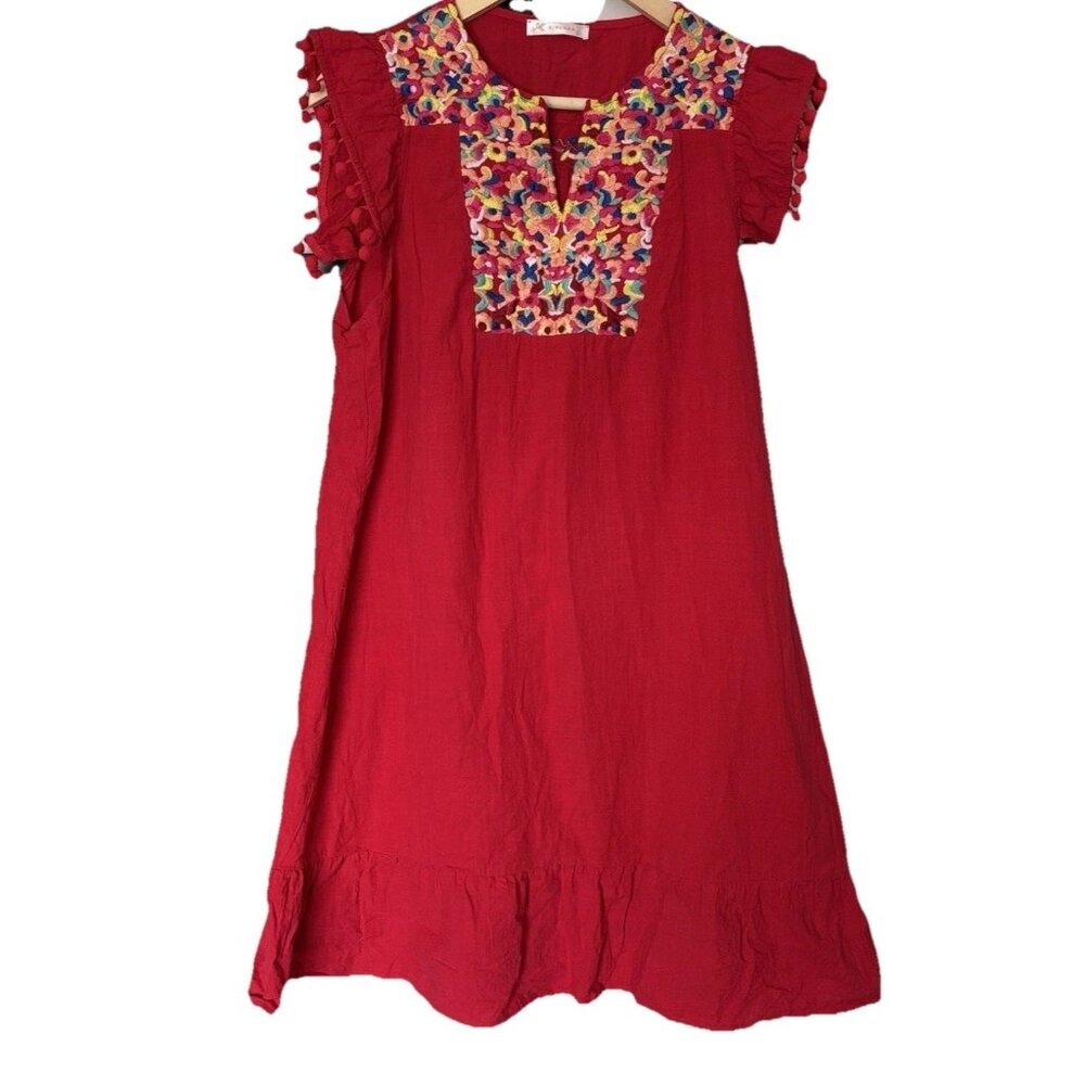 Kirundo Women’s Embroidered Dress Pom Pom Size Large Summer Resort Vacation Boho